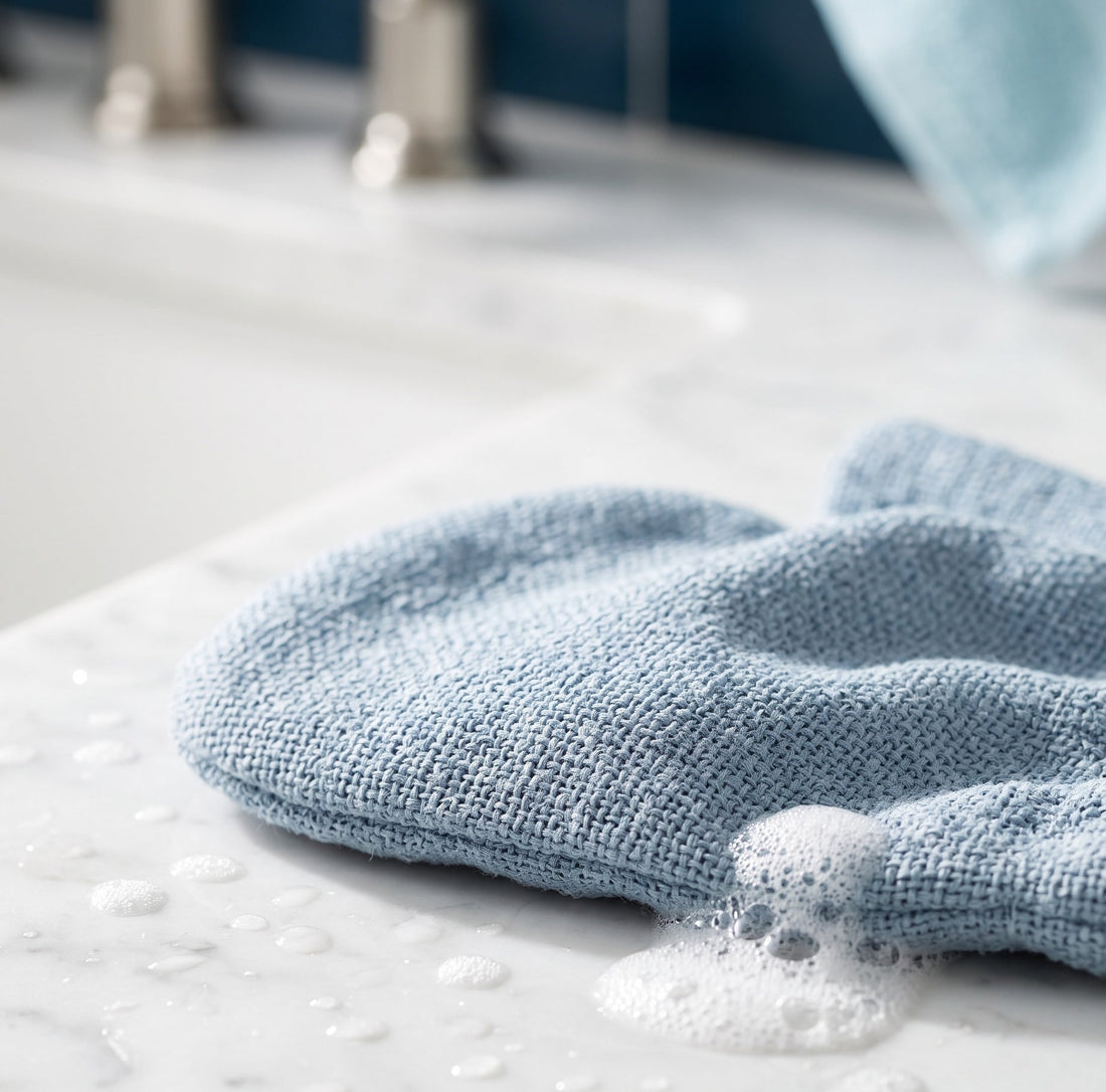 Hellblaues Peelingtuch mit Seifenschaum neben einem Waschbecken