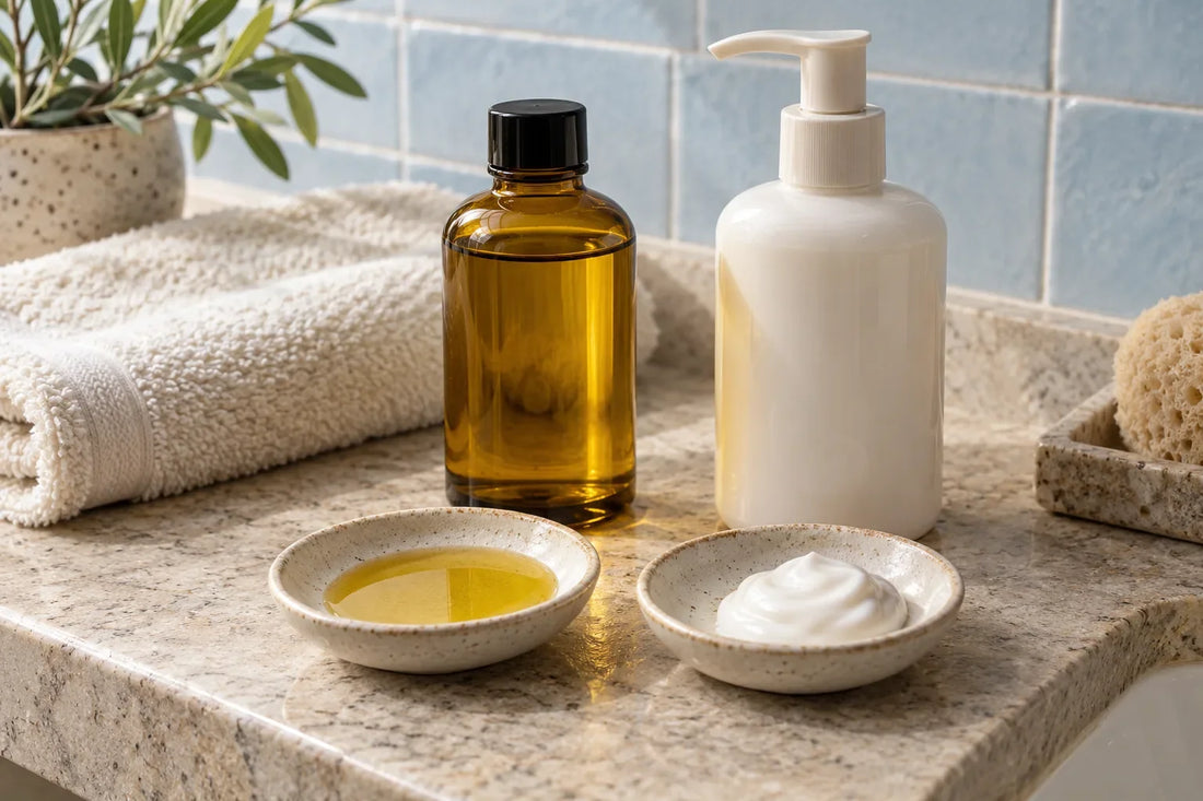 Redaktionelle Illustration mit bernsteinfarbener Ölflasche und weißem Körperlotionspender im Badezimmer