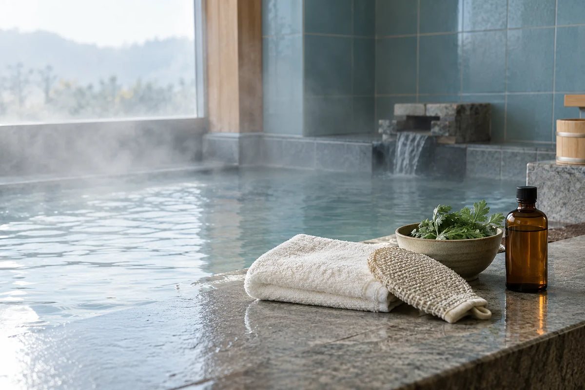 Scène de bain éditoriale avec une serviette, un gant texturé, des plantes et un flacon ambré