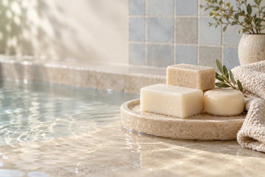Unbranded soap bars beside bath water