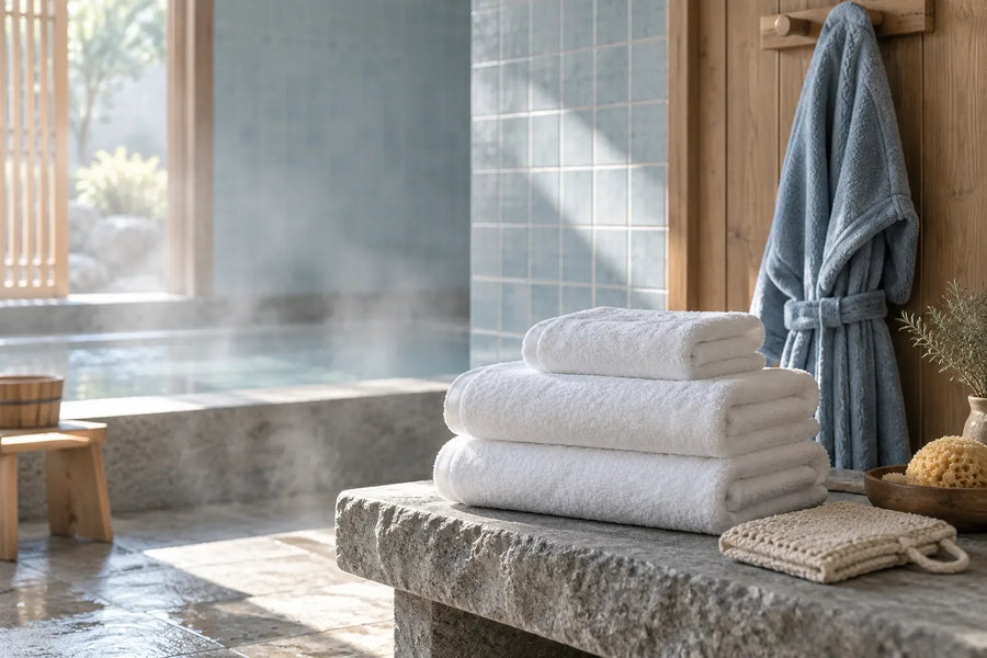 Folded bath towels and a robe beside a tiled bath