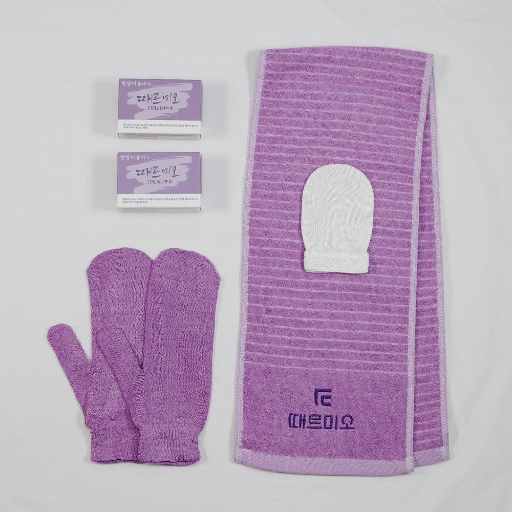 Ttaereumio — Violettes Badeset mit Peelinghandschuhen und Rückentuch, 6-teilig