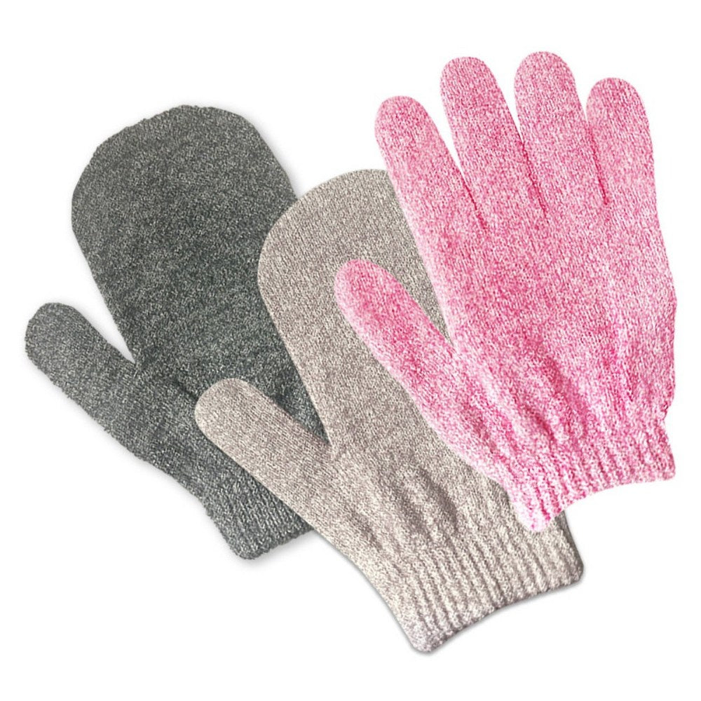Ttaebulli exfoliating bath mitts showing a pink fingered glove beside grey and beige mitten shapes