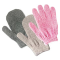 Ttaebulli exfoliating bath mitts showing a pink fingered glove beside grey and beige mitten shapes