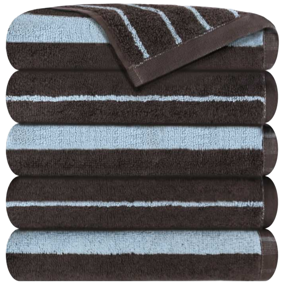 Songwol Daily Stripe face towels stacked in brown and pale blue, with a folded corner revealing the striped pattern