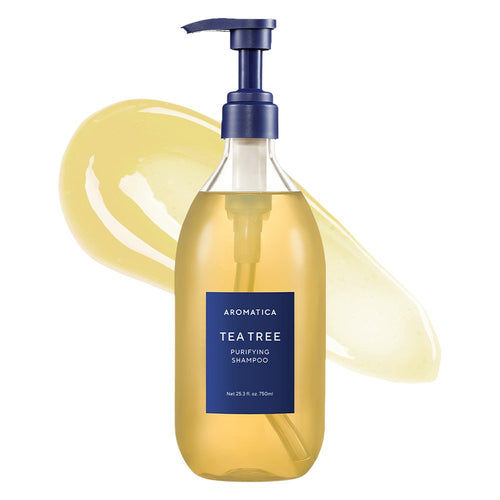 Aromatica Tea Tree Purifying Shampoo in a clear 750ml bottle with a blue pump and yellow texture swatch behind it