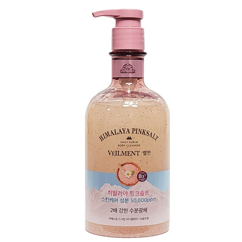 Veilment Himalayan Pink Salt scrub body wash in a clear bottle with a pink pump and blue label on white