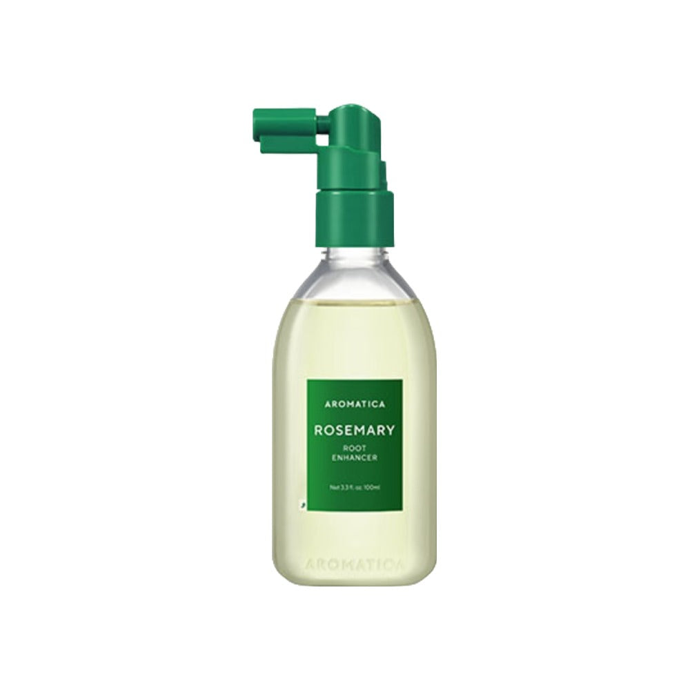 Aromatica Rosemary Root Enhancer single bottle with pale liquid and a sideways green spray nozzle on white