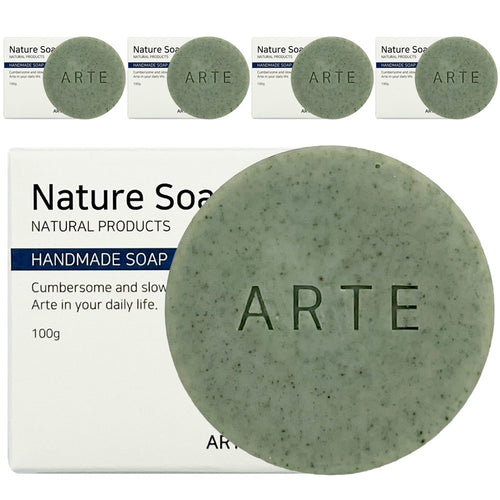 ARTE Handmade Mugwort Soap green speckled bar beside a white 100g box, with four smaller soap-and-box views above