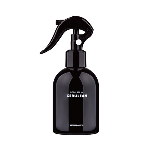 Bath Project Cerulean body spray in a glossy black rounded bottle with a curved trigger dispenser and white lettering