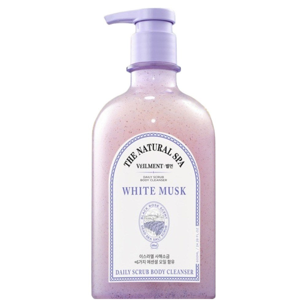 Veilment White Musk body wash shown upright on white, with a lavender pump and an arched front label
