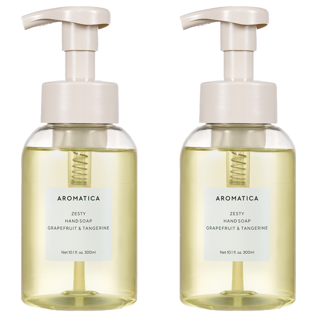 AROMATICA Zesty Hand Soap shown as two clear 300ml bottles with white pumps, pale yellow liquid and white labels.