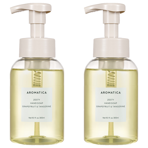 AROMATICA Zesty Hand Soap shown as two clear 300ml bottles with white pumps, pale yellow liquid and white labels.