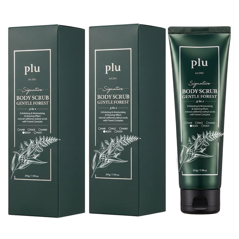 PLU Gentle Forest body scrub in dark green packaging, with two cartons beside a matching squeeze tube