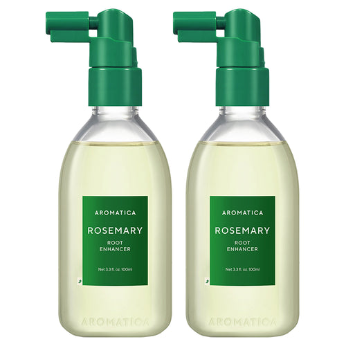 Aromatica Rosemary Root Enhancer scalp essence in two clear 100ml bottles with green spray heads and labels