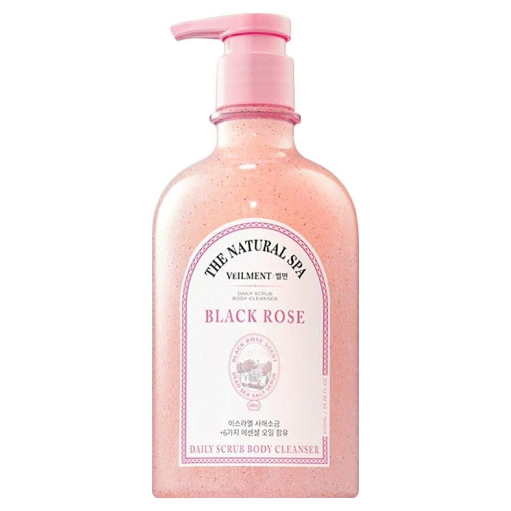 Veilment Black Rose scrub body wash in a clear pink pump bottle with a white label and visible scrub particles