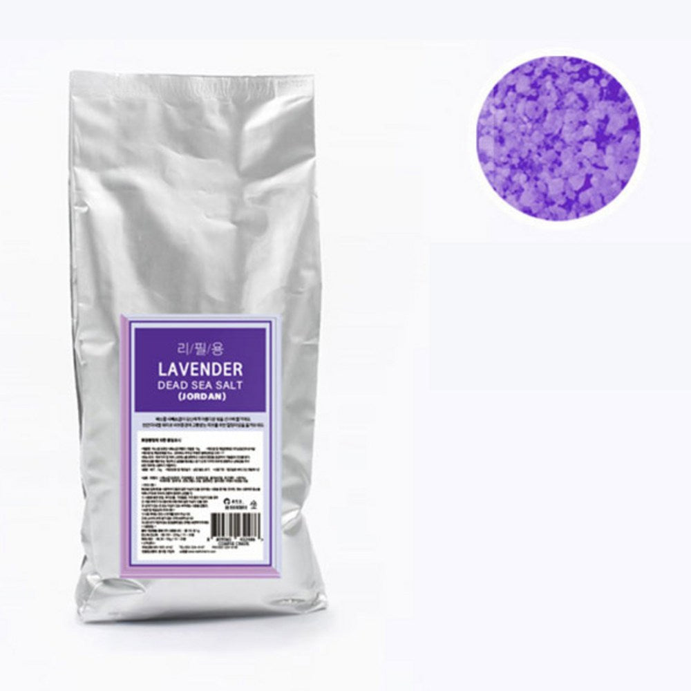 Bathcharm lavender bath salt refill pouch beside a circular close-up of purple salt crystals