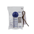 Bath Project eau de parfum silver bottle with a blue round cap inside a clear pouch beside a cord keyring