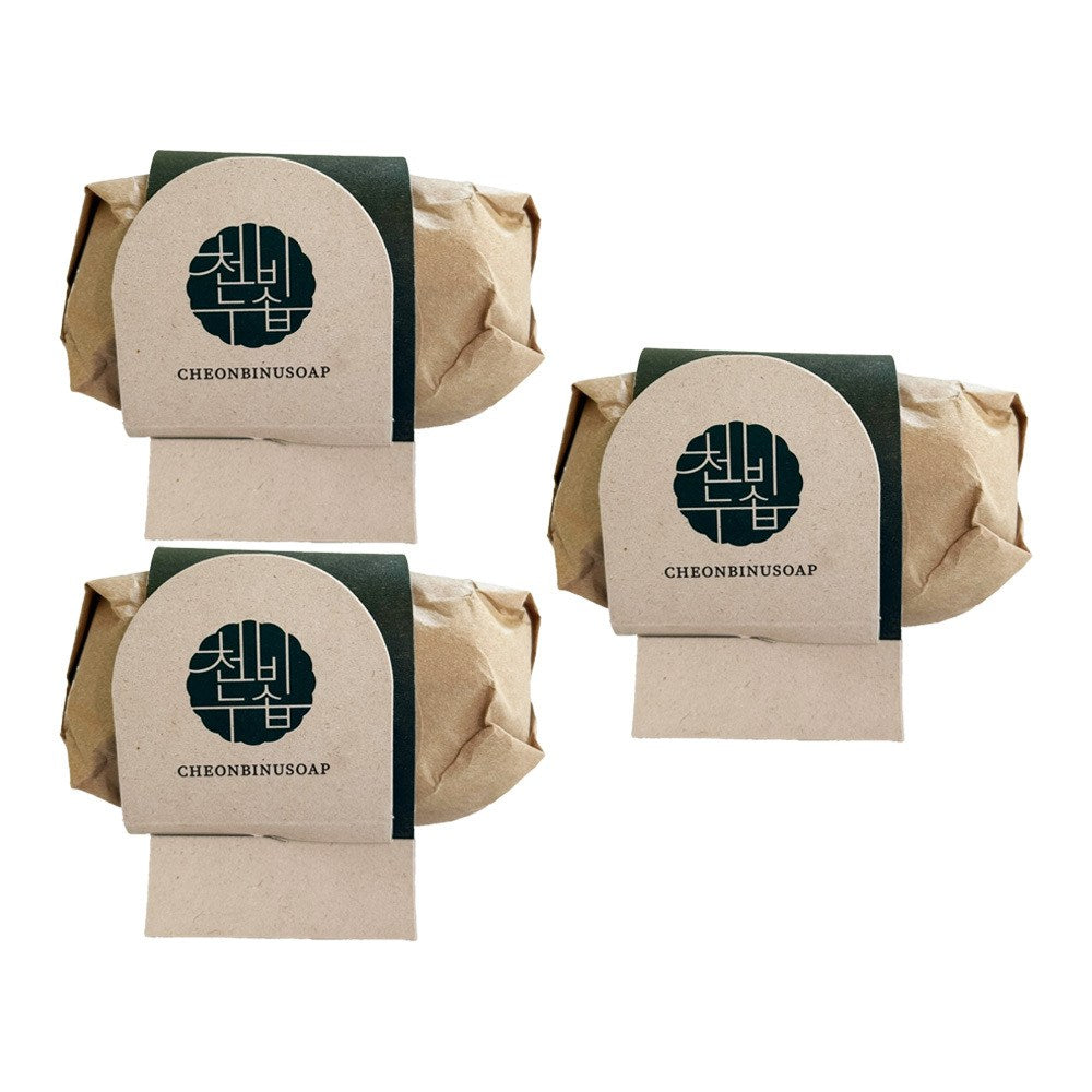 Cheonbinusop Jeongango soap bars, three kraft-paper-wrapped bars with beige labels and dark green brand emblems