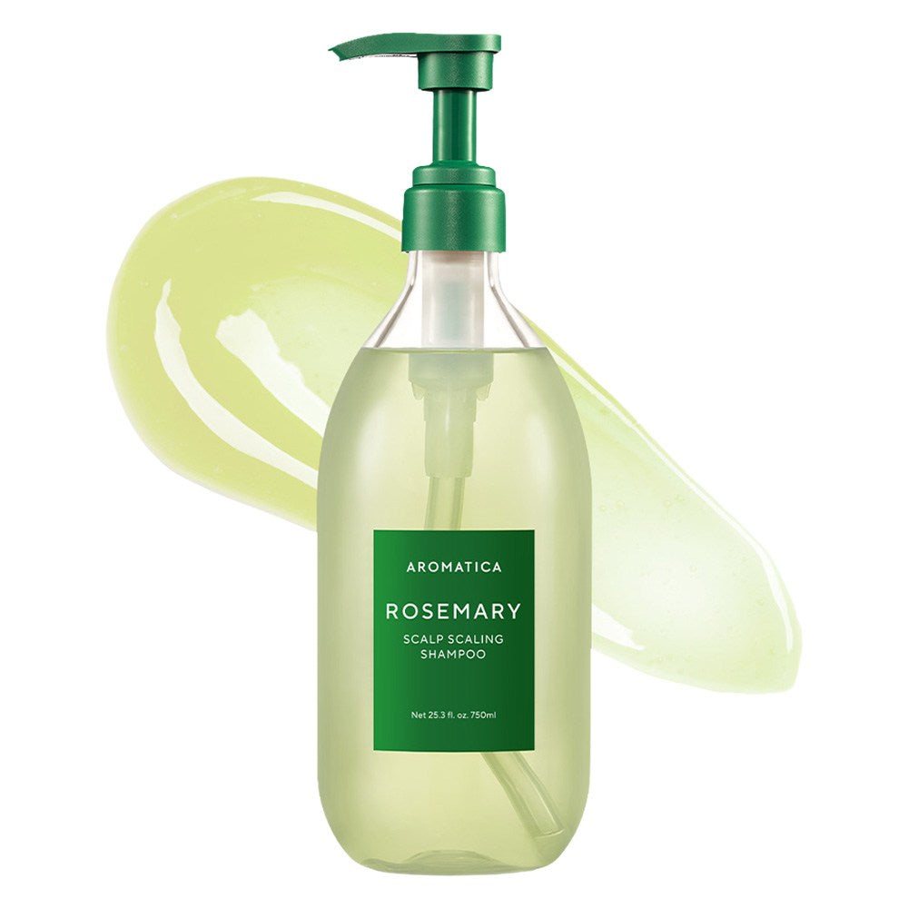 Aromatica Rosemary Scalp Scaling Shampoo with a green pump and label, shown in front of a pale green texture swatch