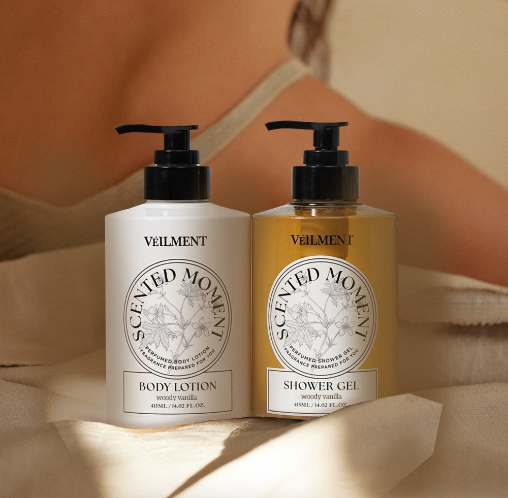 Veilment Woody Vanilla — Coffret gel douche et lait corporel, 2 × 415 ml