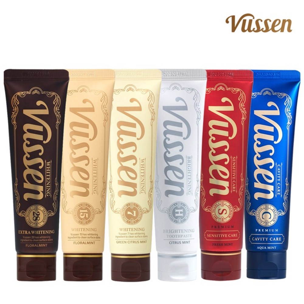 VUSSEN toothpaste set range photo showing six upright tubes in brown, gold, cream, silver, red and blue