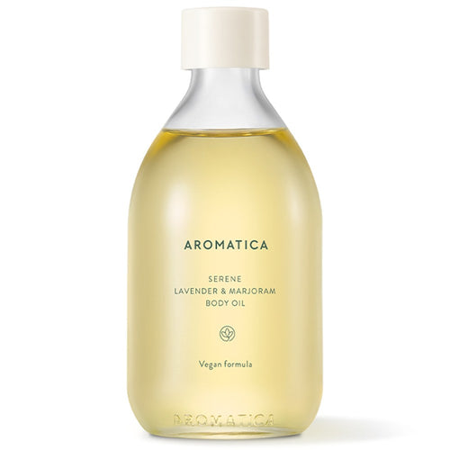 Aromatica Serene body oil in a clear bottle with golden oil, a cream cap and Lavender & Marjoram lettering on white