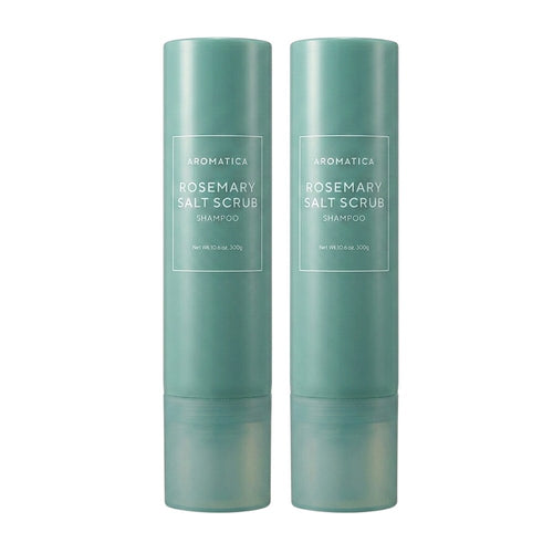 Aromatica Rosemary Salt Scrub Shampoo set with two tall green cylindrical bottles standing side by side