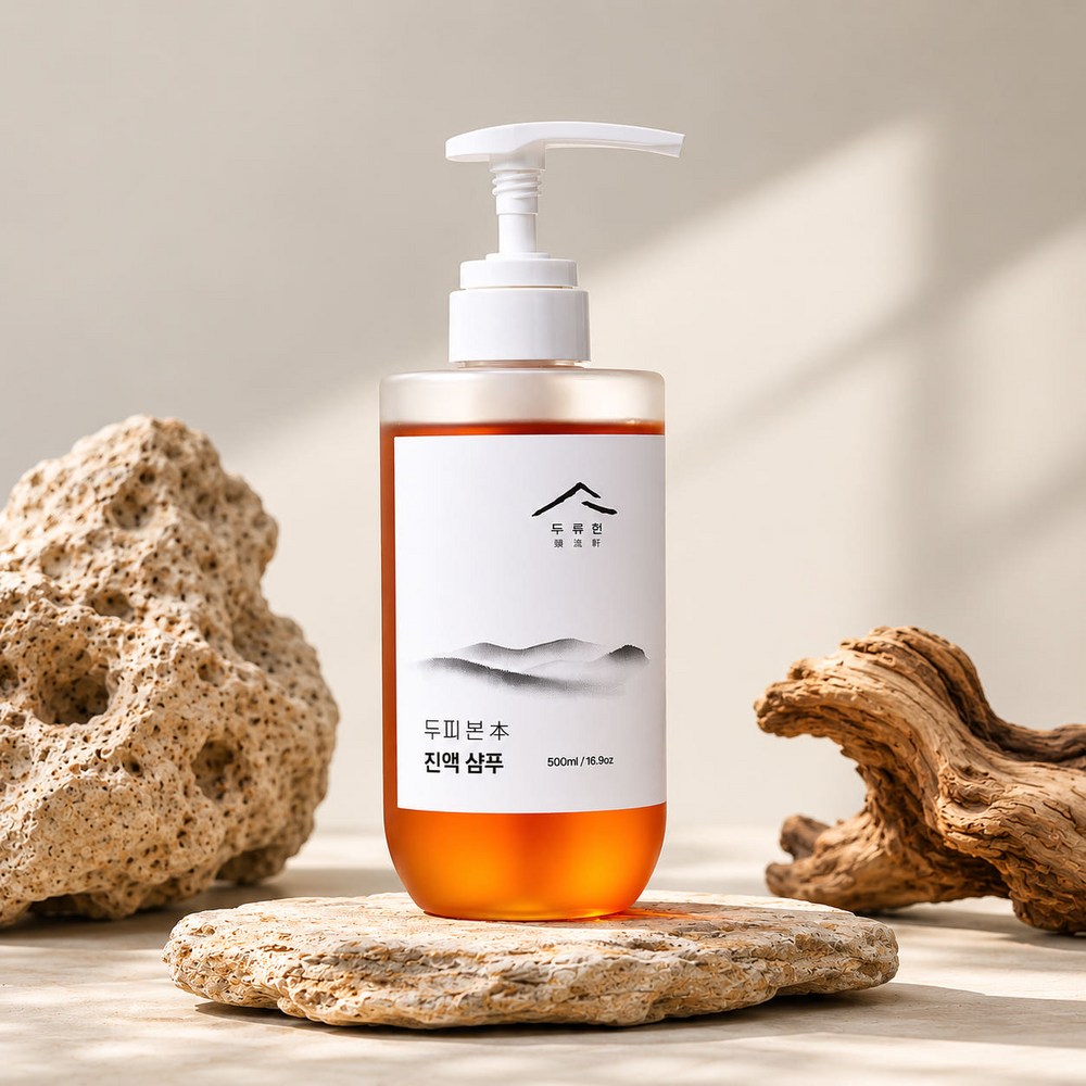 Dooryuheon Scalp Essence Shampoo standing on a stone platform beside a pale rock and curved piece of wood