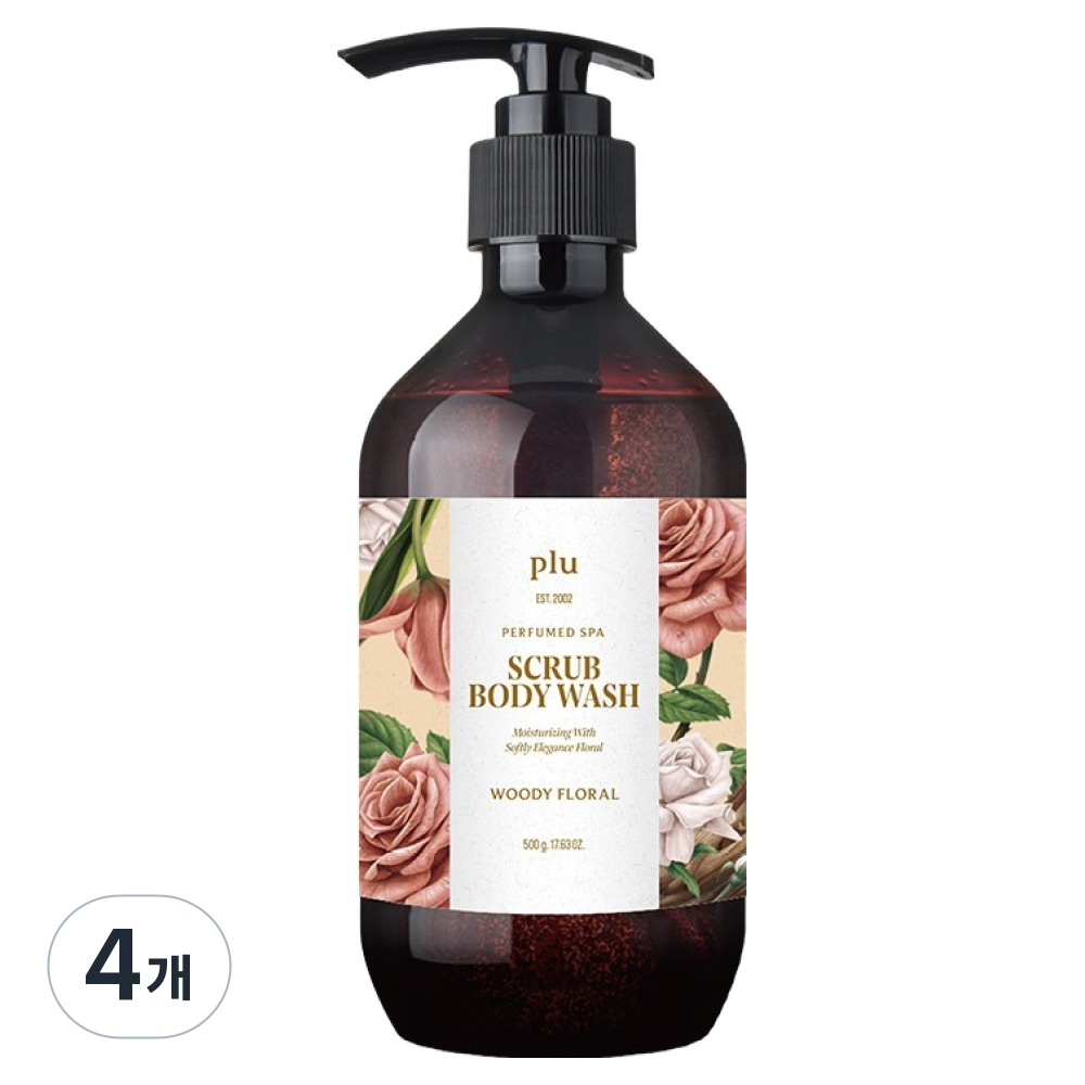 PLU Woody Floral scrub body wash pump bottle with a rose-patterned label and a four-pack marker