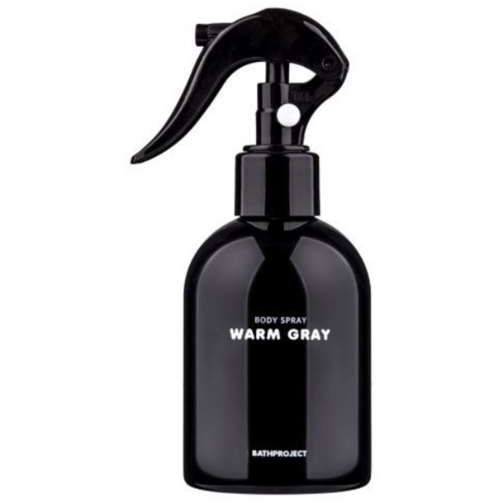 Bath Project Warm Gray perfume spray shown front-on, with Body Spray text on the rounded black bottle
