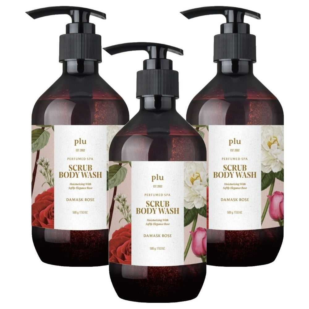 PLU rose scrub body wash in three dark bottles with black pumps and floral Damask Rose labels