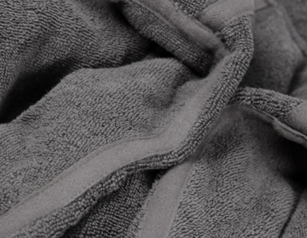 Songwol Gray Hotel Bathrobe XL fabric close-up showing gray loops, stitching and the edge of the belt