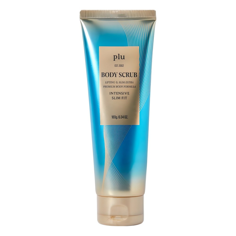 PLU Intensive Slimfit body scrub in a turquoise and gold tube with a gold flip cap, shown upright from the front