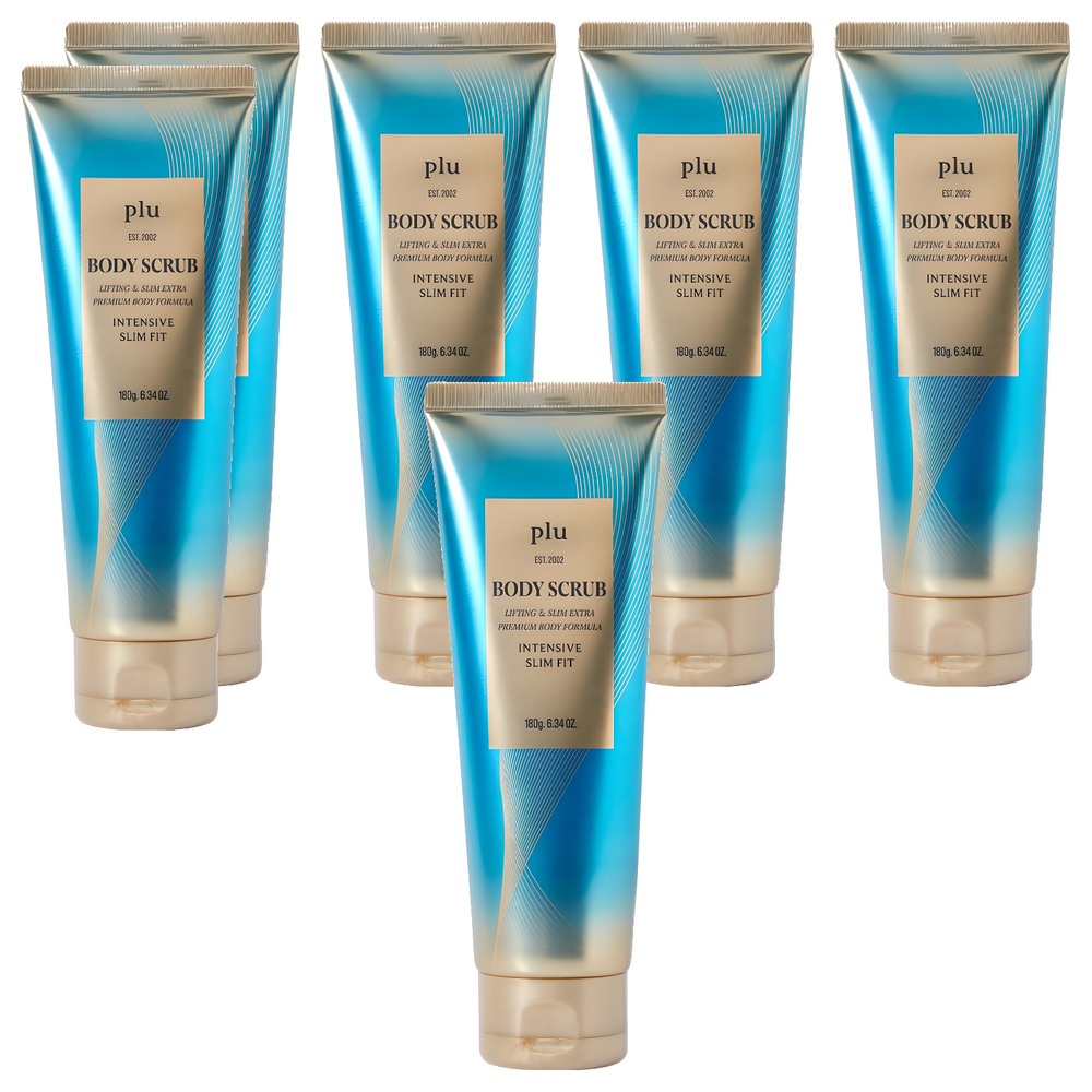 Six PLU Intensive Slimfit body scrub tubes grouped on white, with one turquoise and gold tube in the foreground