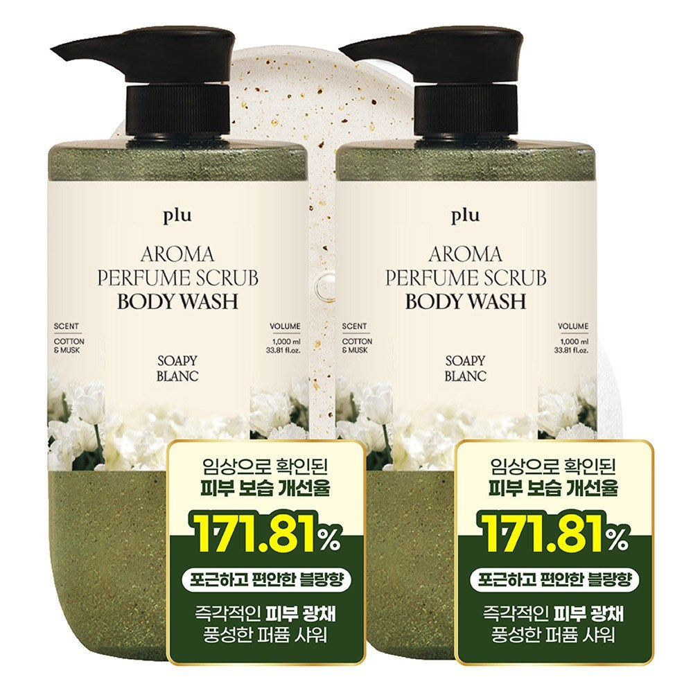 Two PLU Sophie Blanc scrub body wash pump bottles with white floral labels and Korean promotional cards