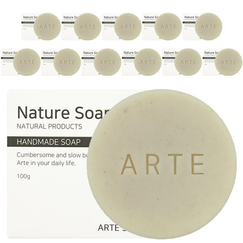 ARTE rice bran soap with eleven small bars above a large close-up of a round speckled bar and its 100g label