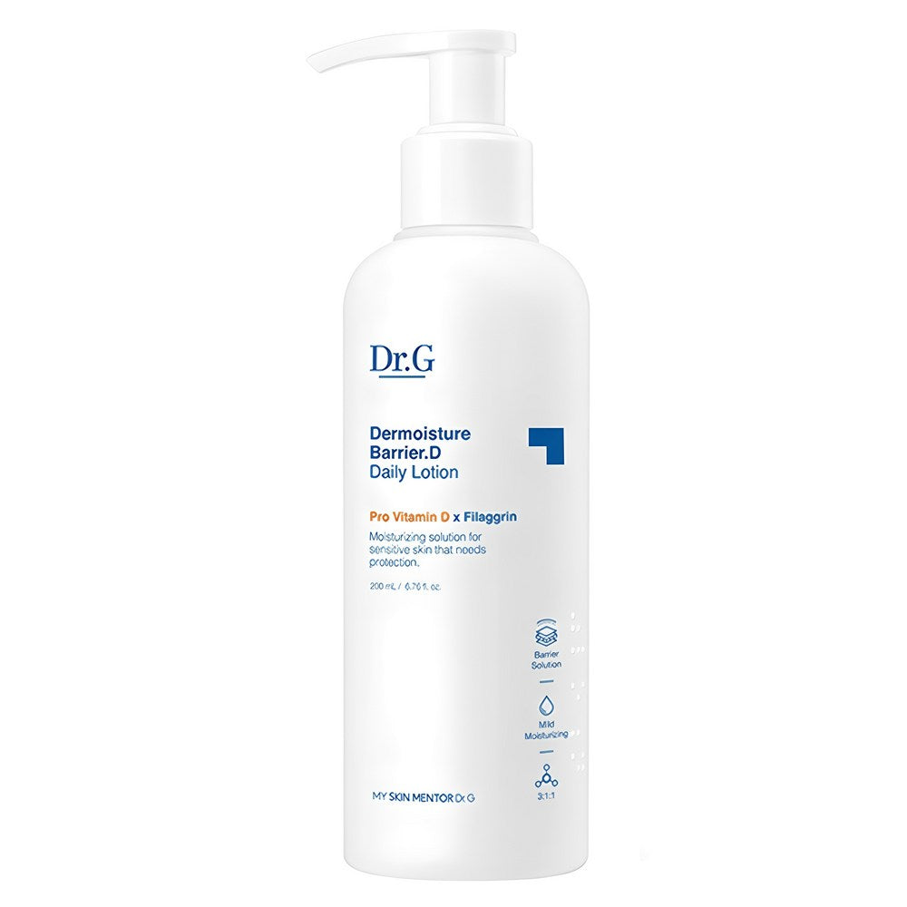 Dr.G Dermoisture Barrier D Lotion in a single white 200 ml pump bottle with blue lettering and orange label details