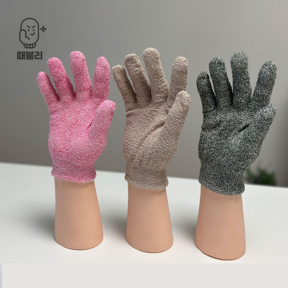 Ttaebulli exfoliating bath mitts on three upright display hands, arranged in pink, beige and grey