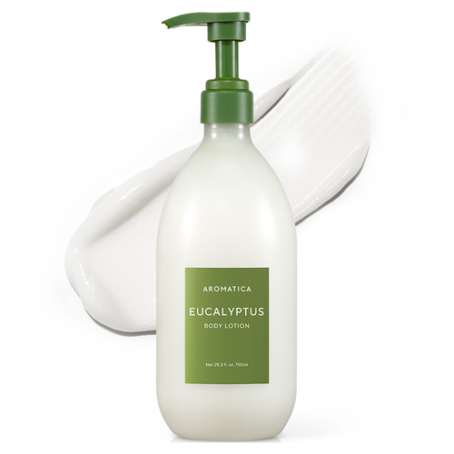 AROMATICA Eucalyptus Body Lotion in a pale 750ml bottle with a green pump and label, backed by white lotion.