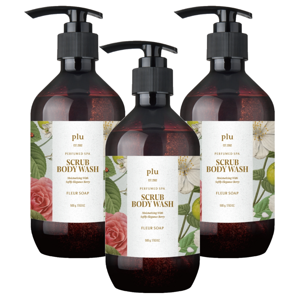 PLU scrub body wash three dark 500g bottles with black pumps and floral labels reading Fleur Soap