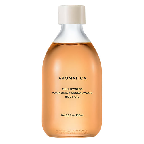 AROMATICA Mellowness Body Oil in a clear 100ml bottle filled with amber oil and topped with a pale cap.