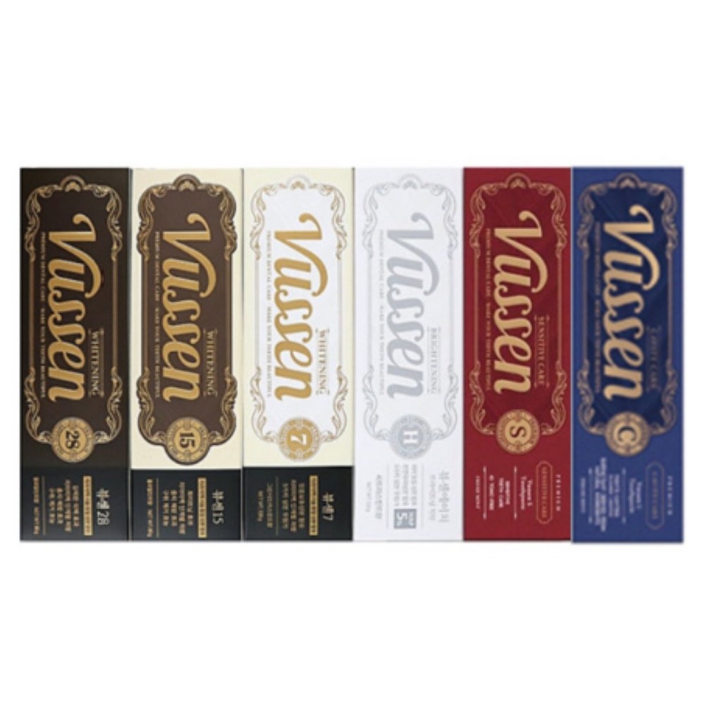 VUSSEN toothpaste set range photo showing six decorative toothpaste cartons lined up on a white background