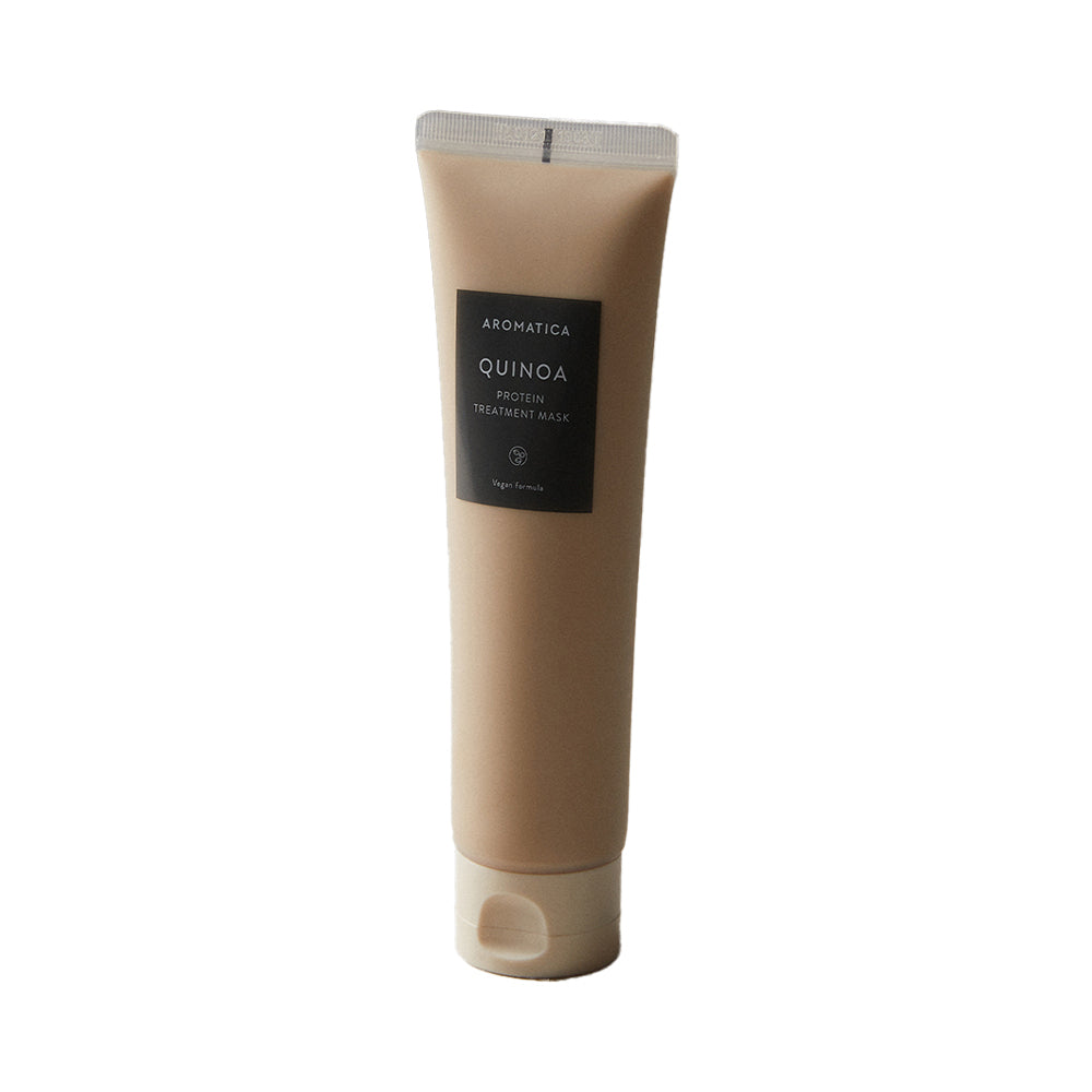 Aromatica Quinoa Protein Treatment Mask in a beige tube with a black label and flip-top cap on white