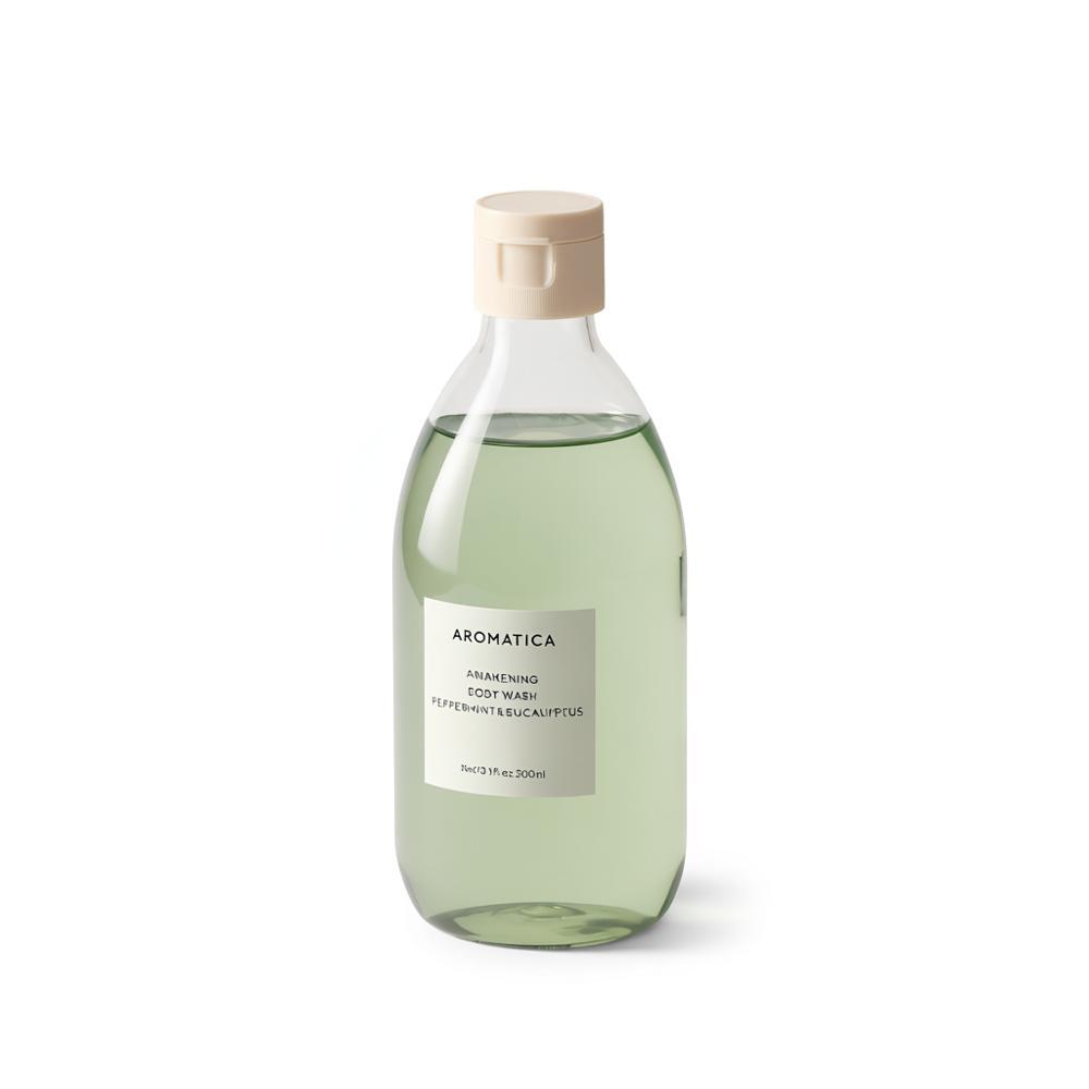 Aromatica Awakening body wash shown upright against white, with a cream label, pale green liquid and capped top