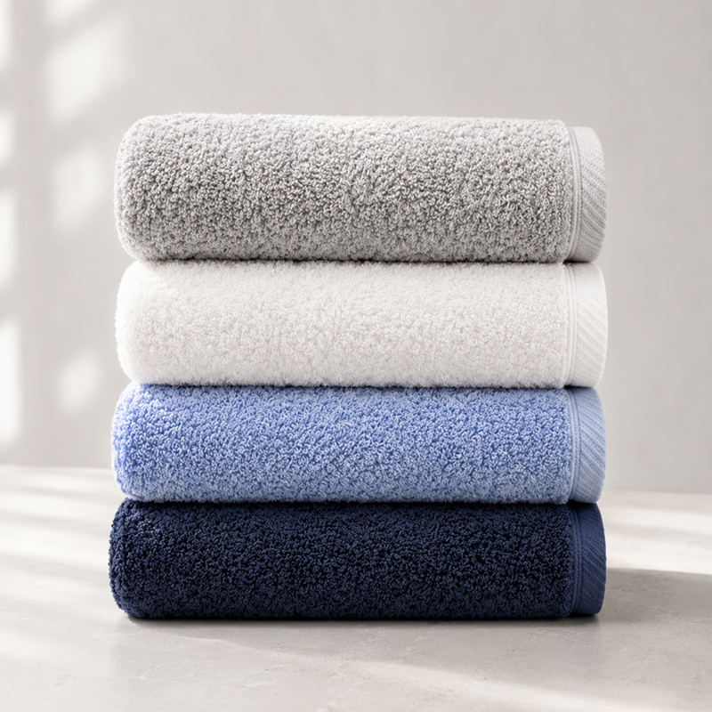 Songwol cotton face towels stacked in grey, white, light blue and navy on a pale surface in soft window light