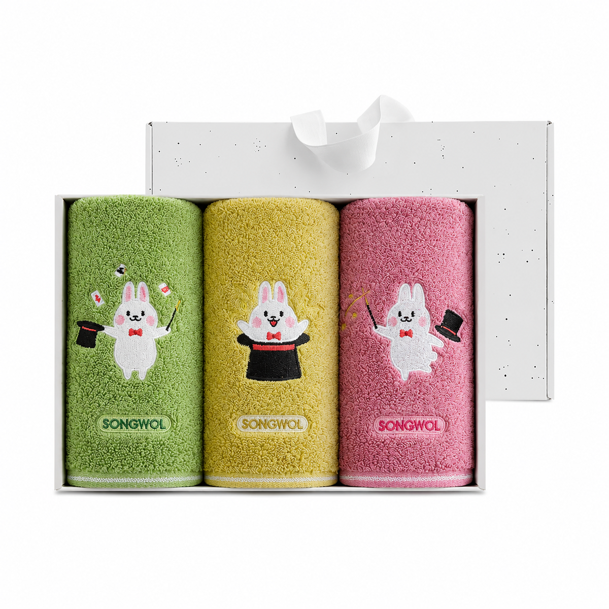 Songwol rabbit face towel set shown front-on in a white gift box with three towels and a ribbon-handled lid
