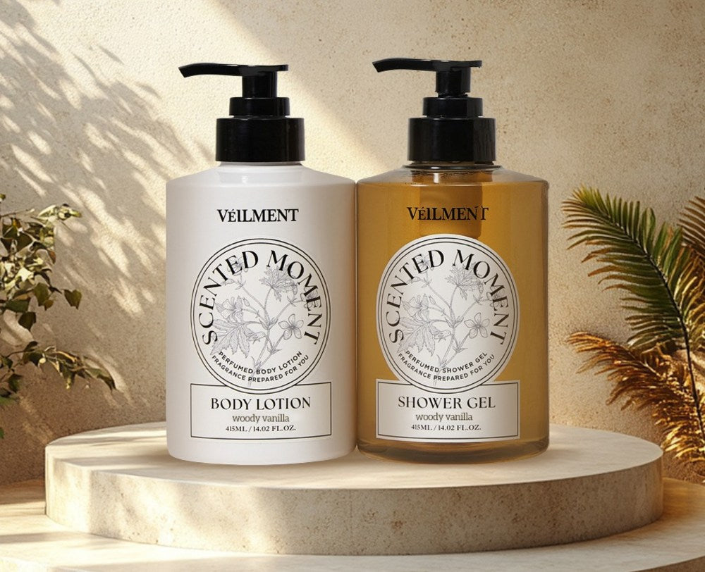 Veilment Woody Vanilla — Coffret gel douche et lait corporel, 2 × 415 ml