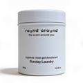 Round Around hinoki deodorizer in a white 300g jar with a matching lid and black Sunday Laundry lettering