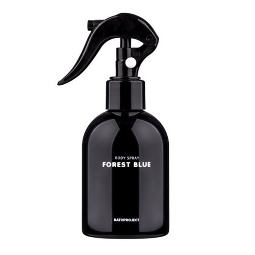 Bath Project Forest Blue body spray shown front-on, with white lettering and a rounded black bottle